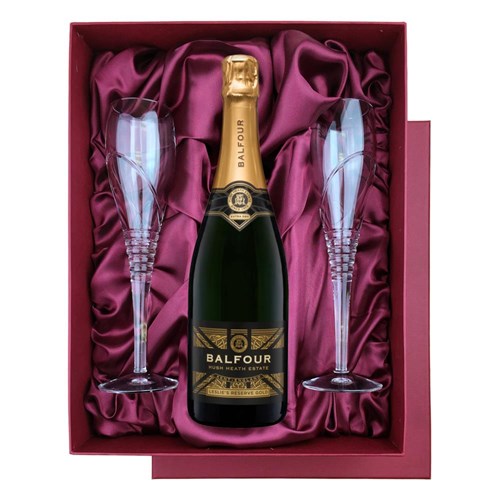 Balfour Leslies Reserve Gold English Sparkling 75cl in Red Luxury Presentation Set With Flutes